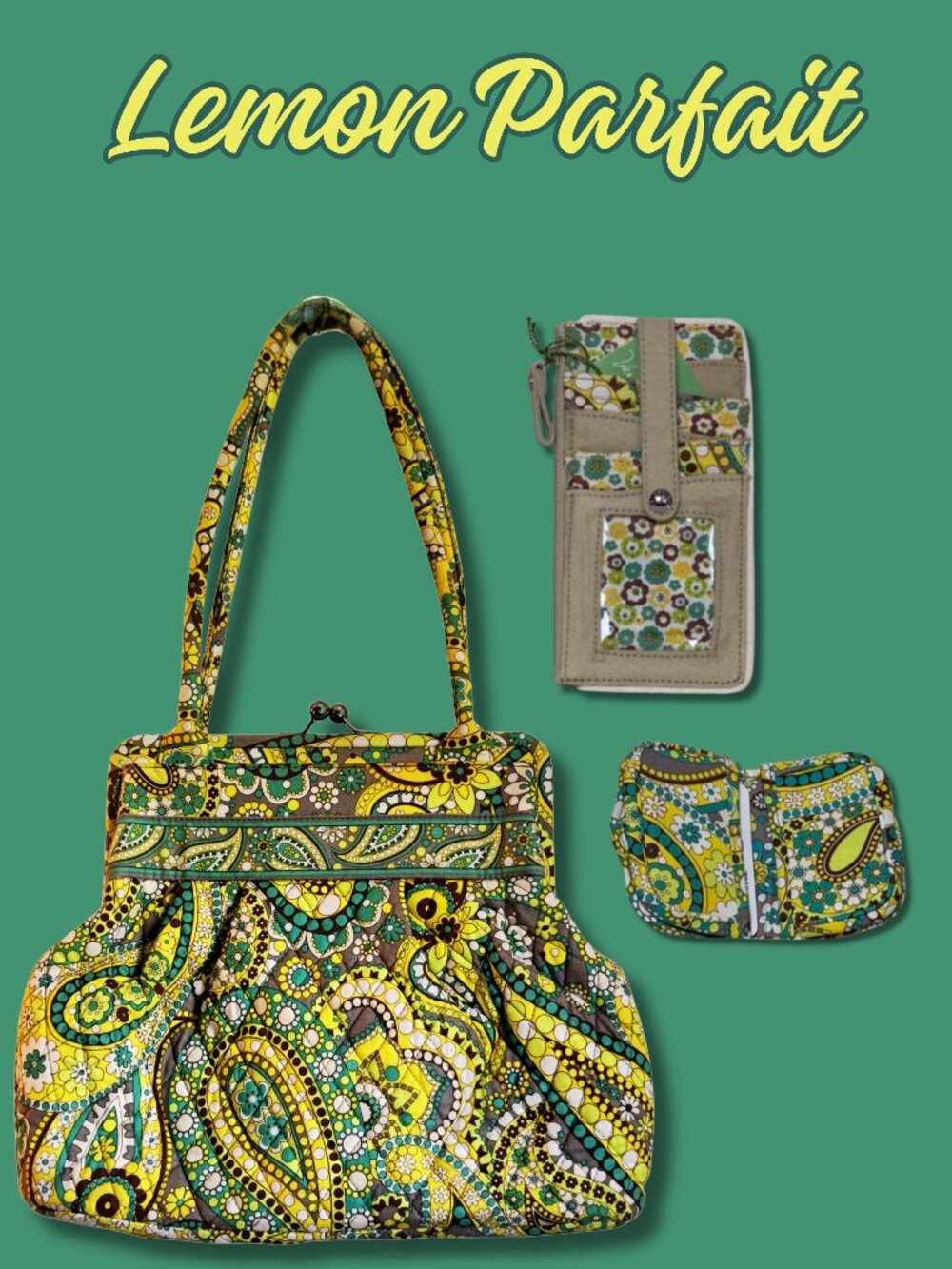 Vera Bradley Lemon Parfait Eloise Bag Wallet & Card Case Set Retired 3pc